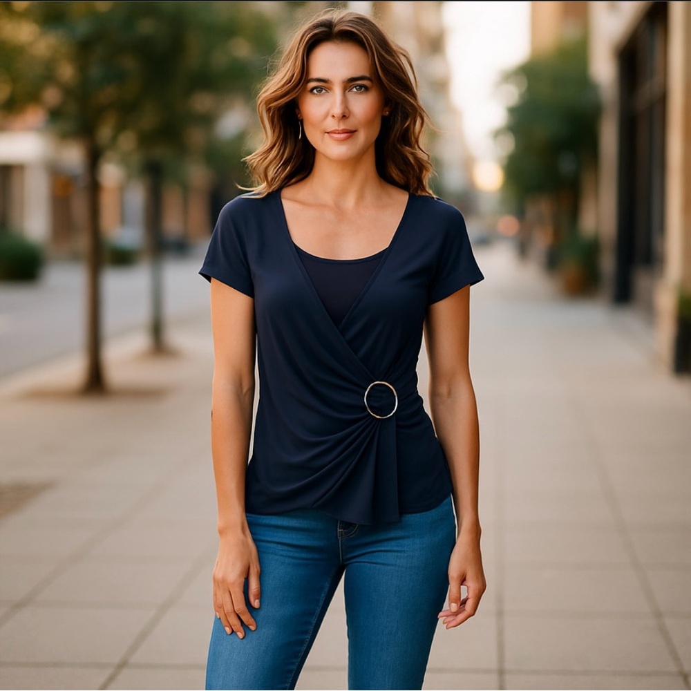 Jason Maxwell Black Wrap Blouse with Short Sleeves